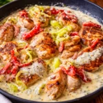 Creamy Pepperoncini Chicken Skillet in a cast iron pan