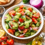 Quick Italian Cucumber Salad in a white bowl on a wooden table.