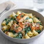 Creamy Salmon Spinach Pasta Dish in a bowl on a wooden table.