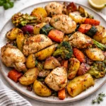 Sheet Pan Lemon Herb Chicken and Vegetables roasted on a baking sheet with lemons.