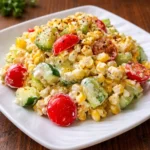 A bowl of creamy Shoepeg Corn Salad with tomatoes and peppers