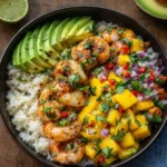 Shrimp and Avocado Bowls with Mango Salsa and Lime-Chili Sauce on a wooden table.