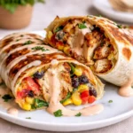 Fresh Southwest Chicken Wrap cut in half on a wooden board