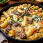 Bubbling Steak and Blue Cheese Rigatoni Bake with golden mozzarella.