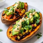 A delicious roasted stuffed sweet potato with avocado and lime crema.
