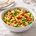 Fresh Summer Corn Salad with Avocado in a white bowl on a blue table