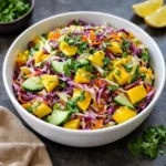 A colorful bowl of Tropical Cucumber Mango Slaw with lime and chili.