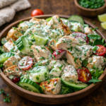 A fresh bowl of Tzatziki Chicken Salad with feta and tomatoes
