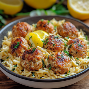Greek Chicken Meatballs with Lemon Orzo